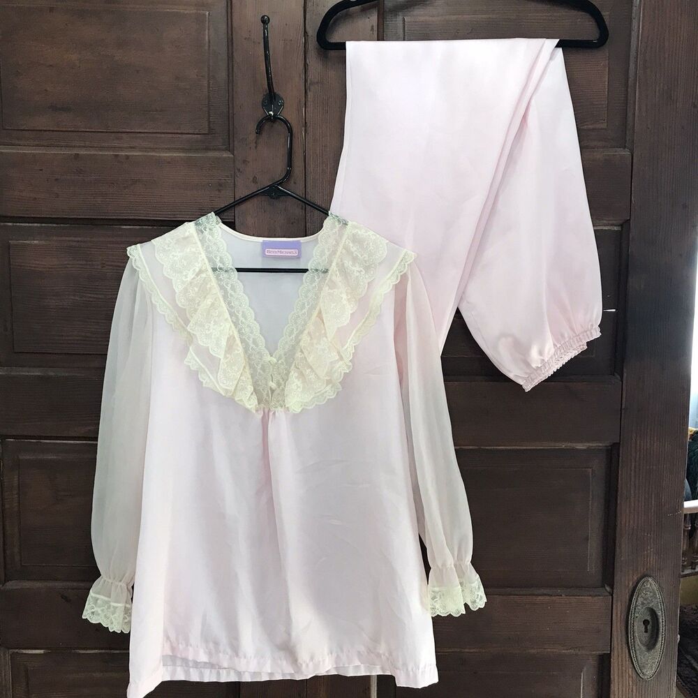 VTG Beth Michaels Sleep Loungewear 2 Piece Set Ruffled Lace Collar Size 12/14